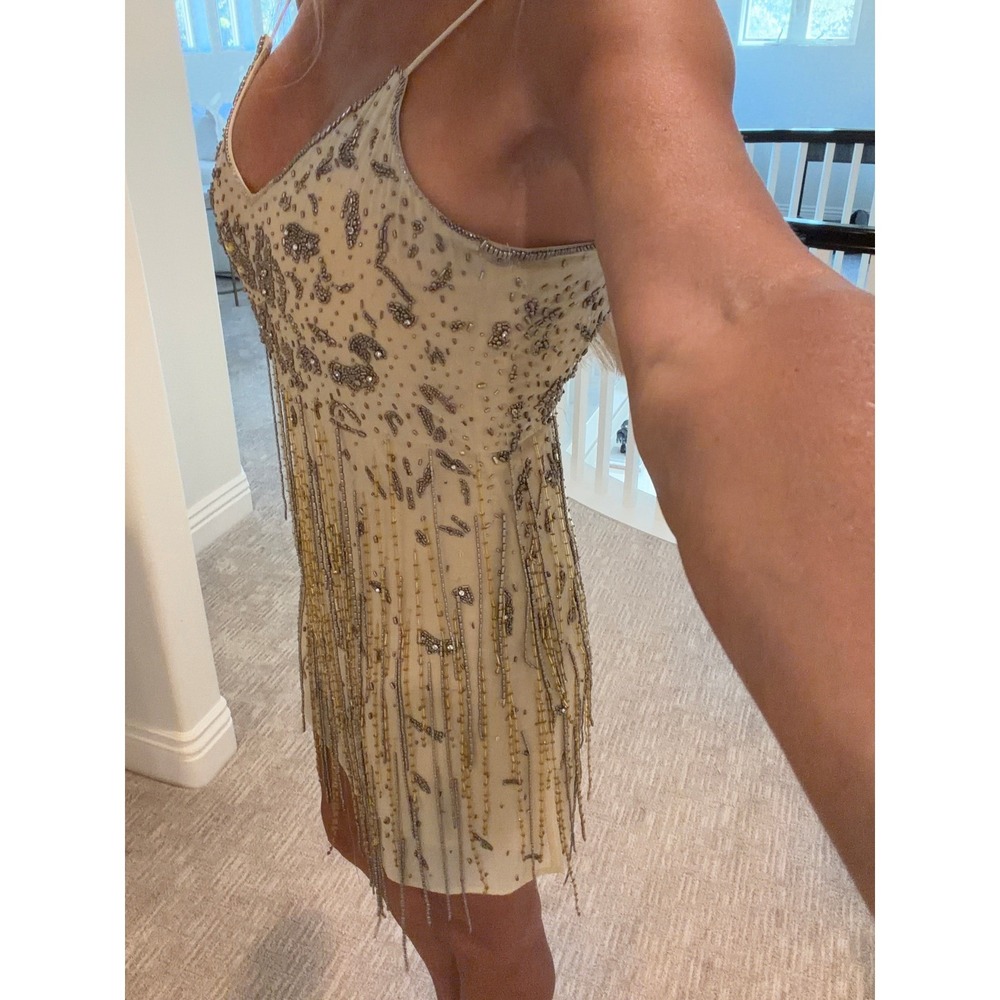 Haute Hippie Beaded Fringe Mini Dress Cream Silver Gold Flapper‎ Style Size 0 - Picture 2 of 12